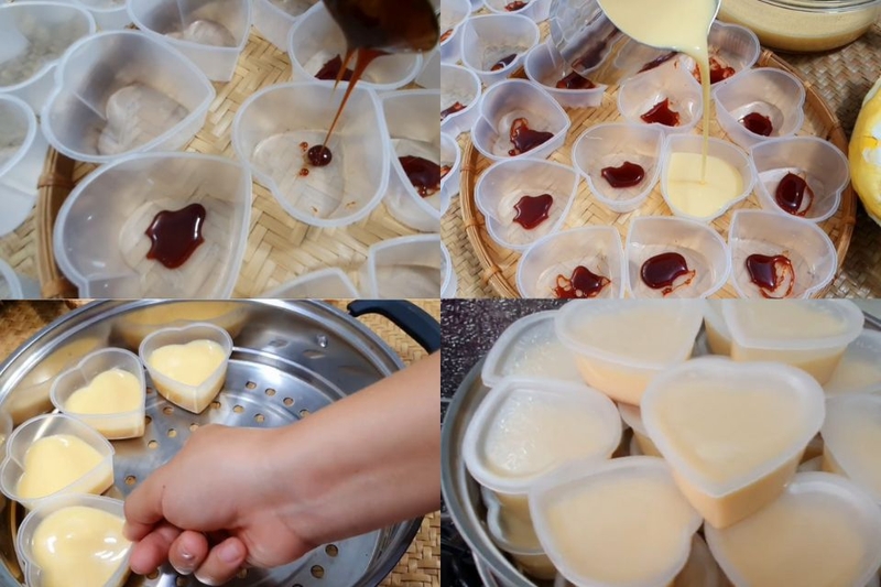 Đổ hỗn hợp và khuôn và hấp bánh flan sầu riêng