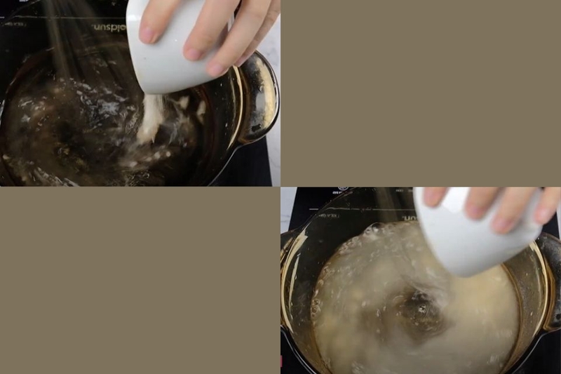 Đặt nồi rau câu lên bếp, bật lửa vừa và khuấy đều tay