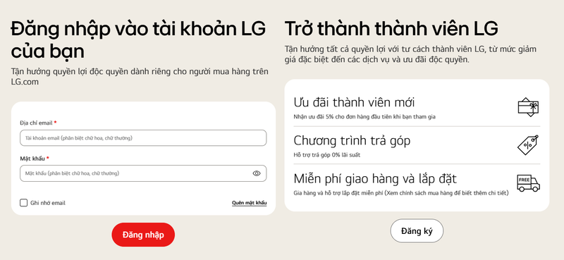 bảo hành tủ lạnh LG - đăng nhập