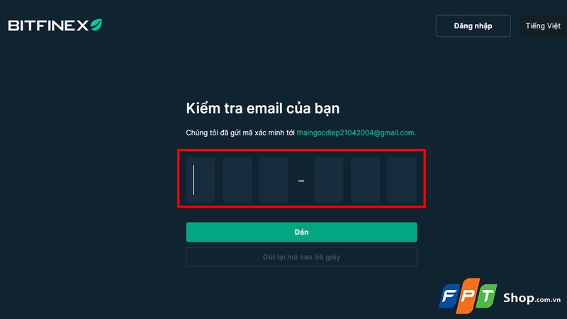 Điền mã xác nhận được gửi vào hòm thư email