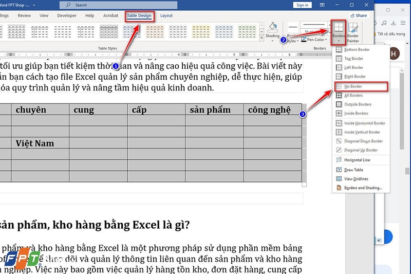 Bỏ khung bảng trong Word - Bước 2