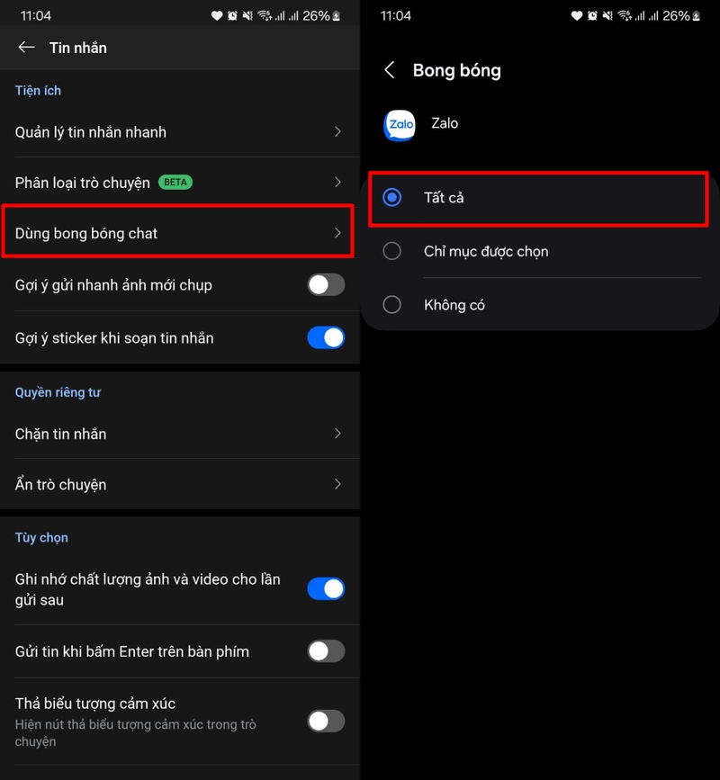 Bong bóng chat Zalo bị lỗi 8