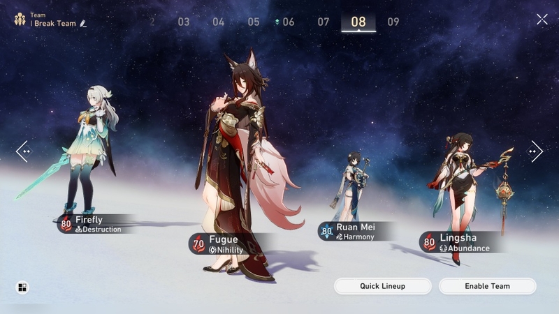 Team phá kích gồm có Fugue DPS phụ, Firefly DPS chính, Ruan Mei và Lingsha hỗ trợ