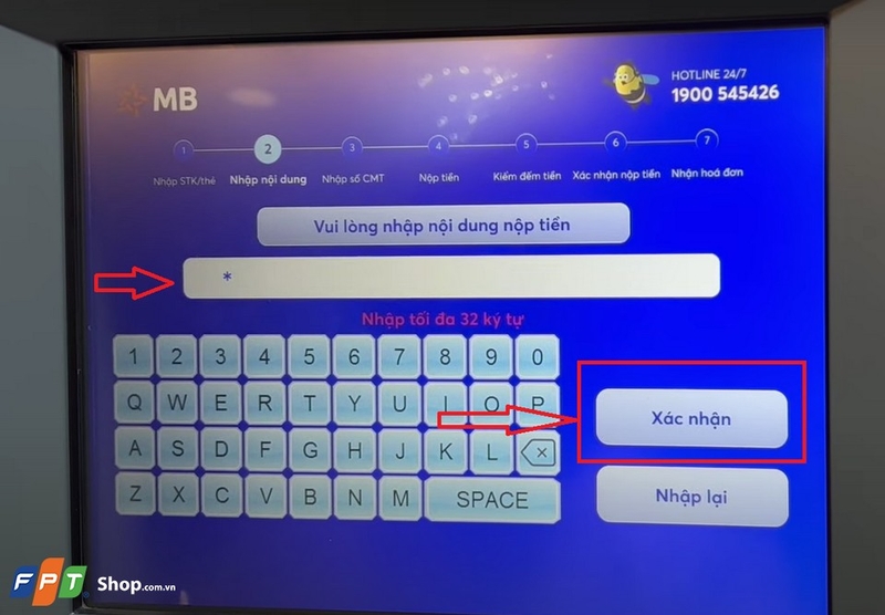 Khách hàng nhập nội dung nộp tiền