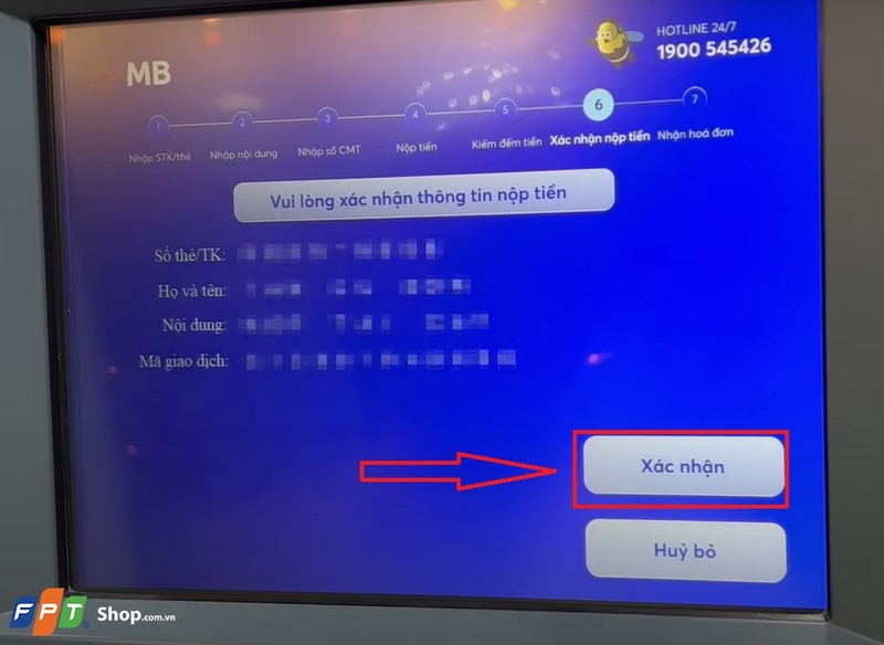 Giao diện xác nhận thông tin nộp tiền