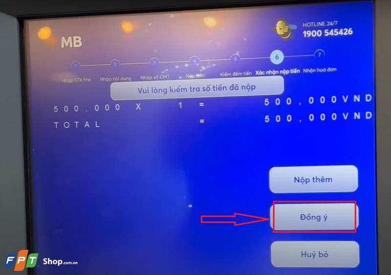 Màn hình sẽ hiển thị thông tin về số tiền đã nộp