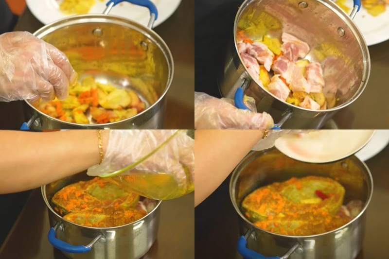 Rải đều phần riềng, gừng và thịt ba chỉ còn lại