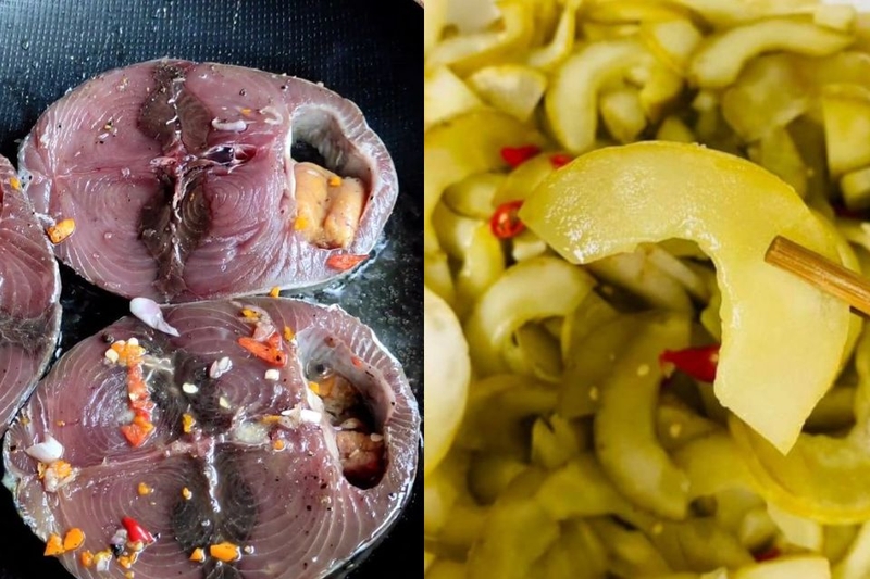 sơ chế cá và dưa làm cá ngừ kho dưa gang muối