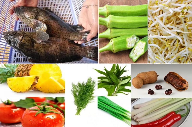 Nguyên liệu cần chuẩn bị để chế biến cá song nấu canh chua.
