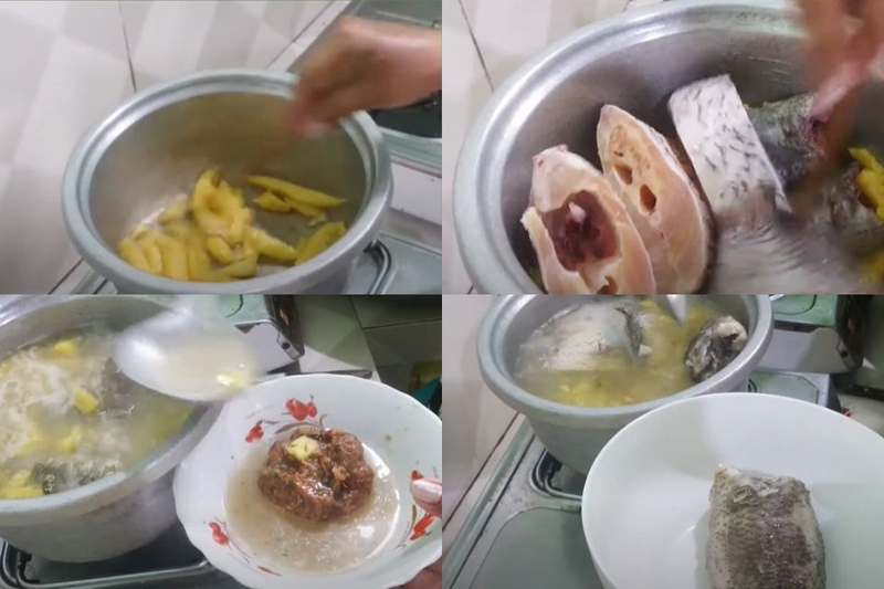 Cho dứa cùng cá đã chuẩn bị vào nồi đảo qua cho săn lại