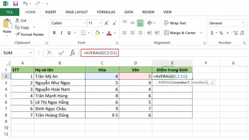 Hàm tính giá trị trung bình AVERAGE