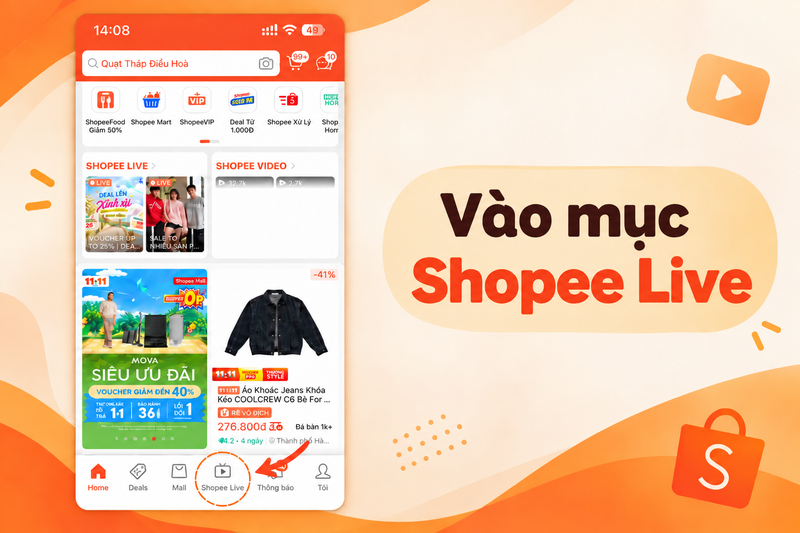 Truy cập mục Shopee Live