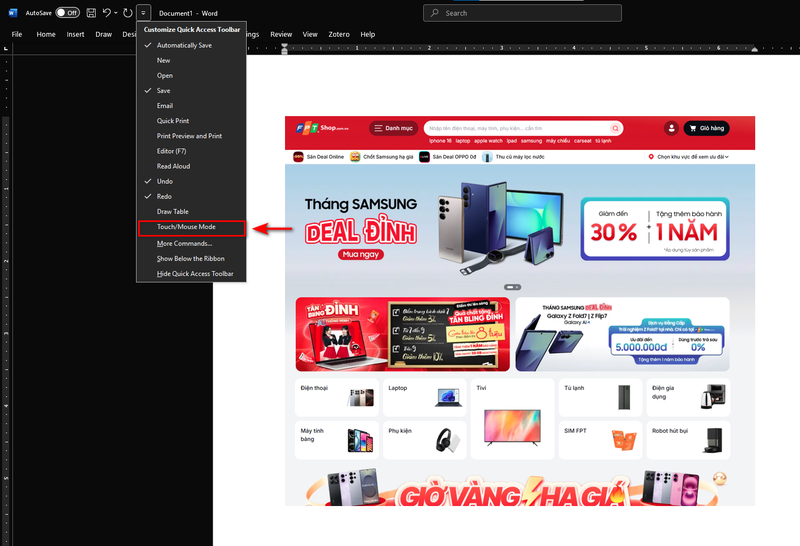cách bật tắt chế độ Touch Mode trên Word 2