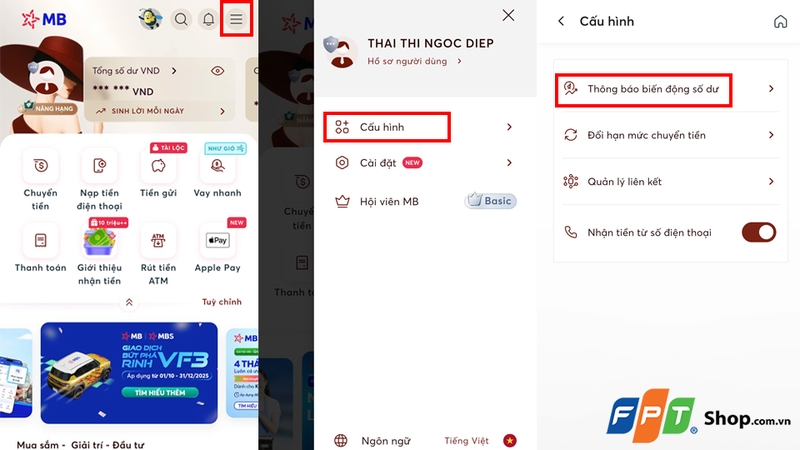 Vào mục Cấu hình và chọn Thông báo biến động số dư