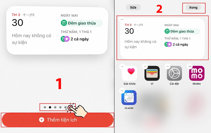 Sau khi sắp xếp vị trí widget xong, nhấn Xong để lưu thay đổi