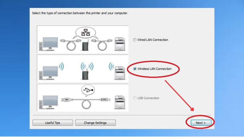 Chọn Wireless LAN Connection khi cài wifi máy in Canon 6030W