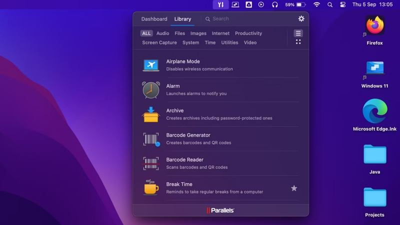 Truy cập các công cụ của Parallels Toolbox từ thanh menu macOS