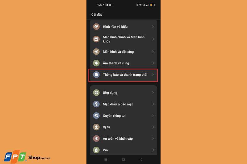 Chọn Thông báo và thanh trạng thái