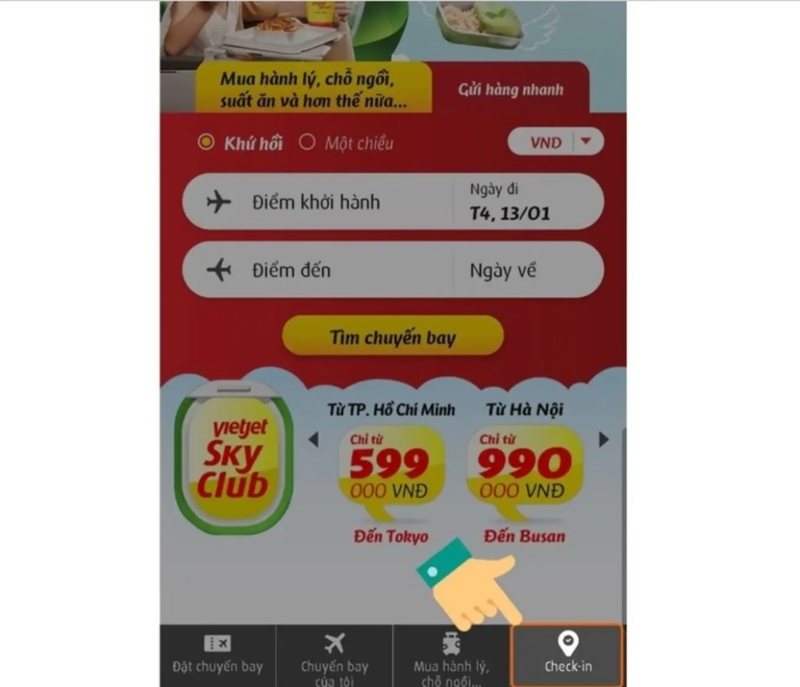 Tại giao diện chính chọn mục “Check In”