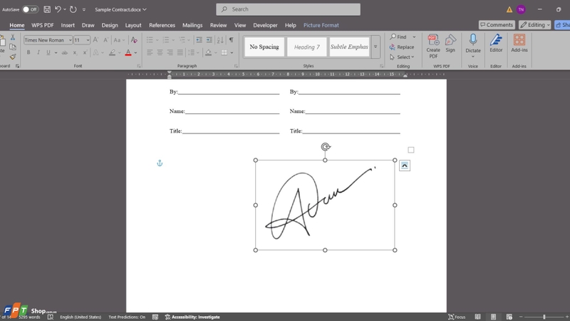 Mở file Word mà bạn muốn chèn chữ ký, vào tab Insert > Picture, rồi chọn ảnh chữ ký đã xóa nền