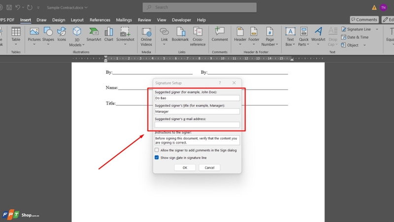 Một cửa sổ mới sẽ xuất hiện, bạn chọn Microsoft Office Signature Line