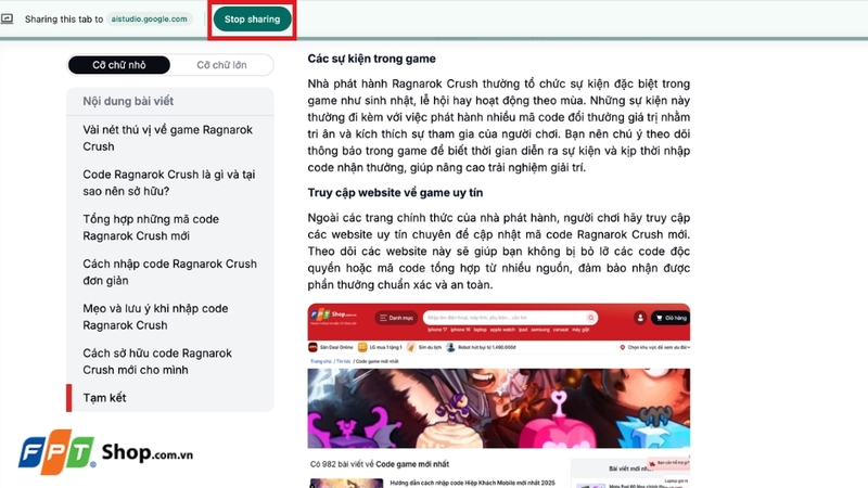 Nhấn nút Stop sharing để dừng chia sẻ
