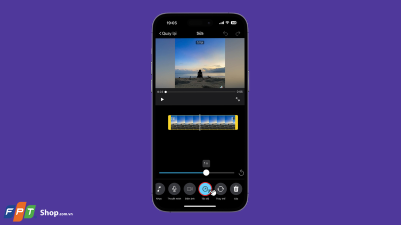 Nhấn vào video trong timeline, chọn biểu tượng tốc độ và điều chỉnh tốc độ phát lại theo ý muốn