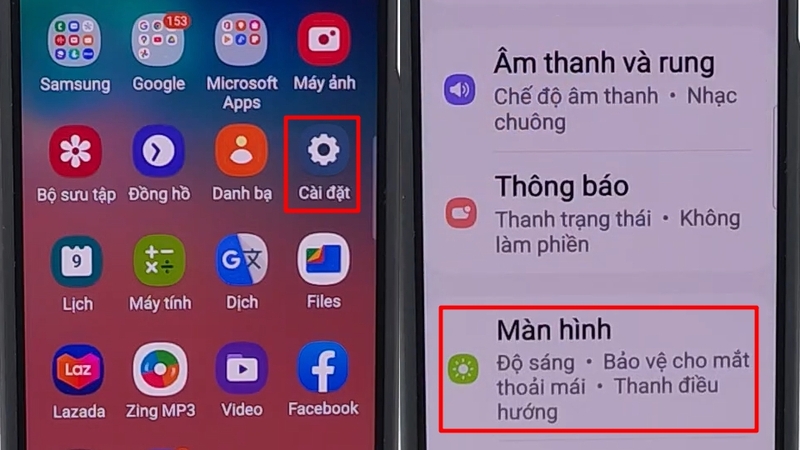 Vào Cài đặt chọn Màn hình