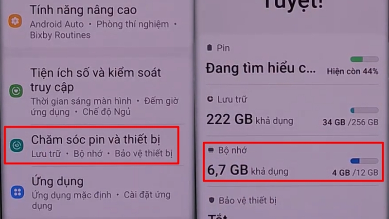 Vào Chăm sóc pin và thiết bị chọn Bộ nhớ