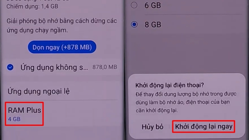 Chọn RAM Plus sau đó chọn dung lượng bộ nhớ ảo rồi chọn Khởi động lại ngay