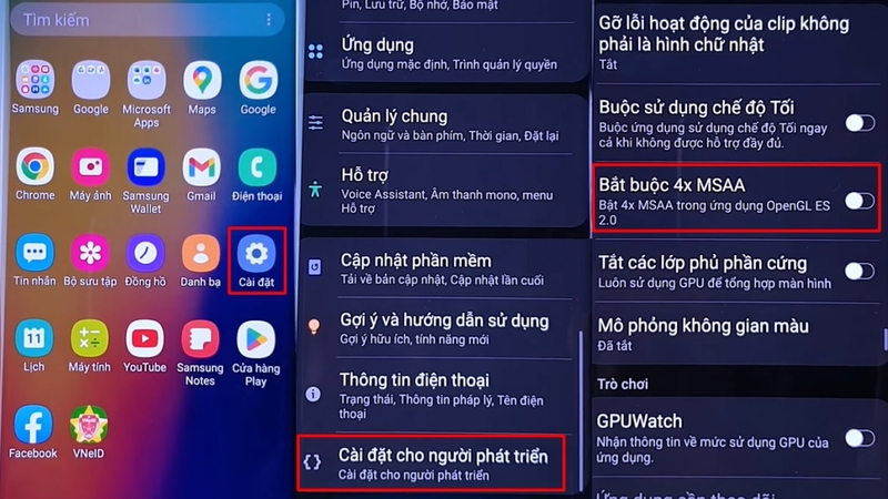Vào Cài đặt cho người phát triển bật ON ở mục Bắt buộc 4x MSAA