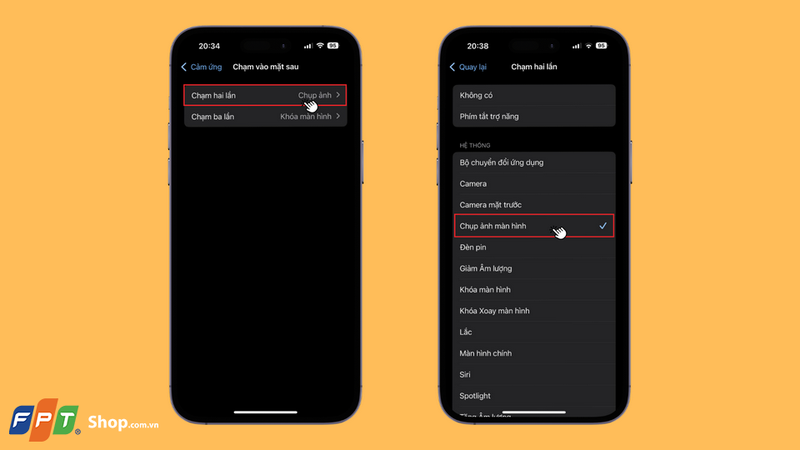 Chọn 1 trong 2 mục là Gõ 2 lần hoặc Gõ 3 lần rồi sau đó chọn Chụp ảnh màn hình