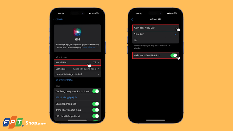 Nhấn vào mục Nói với Siri, chọn dòng “Siri” hoặc “Hey Siri” và nhấn bật mục Nhấn nút sườn để bật Siri