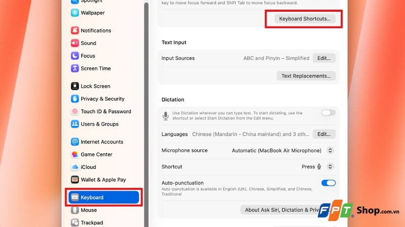 chọn mục Keyboard từ danh sách bên trái