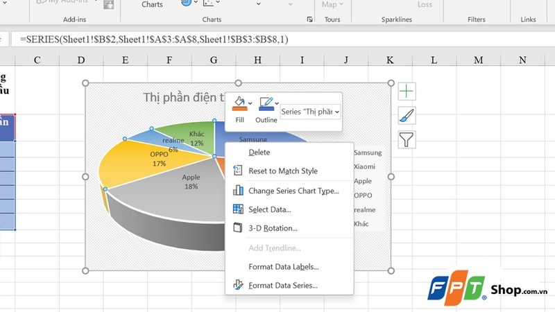 Excel không hiện mục Format Chart Area nếu nhấn chuột phải sai