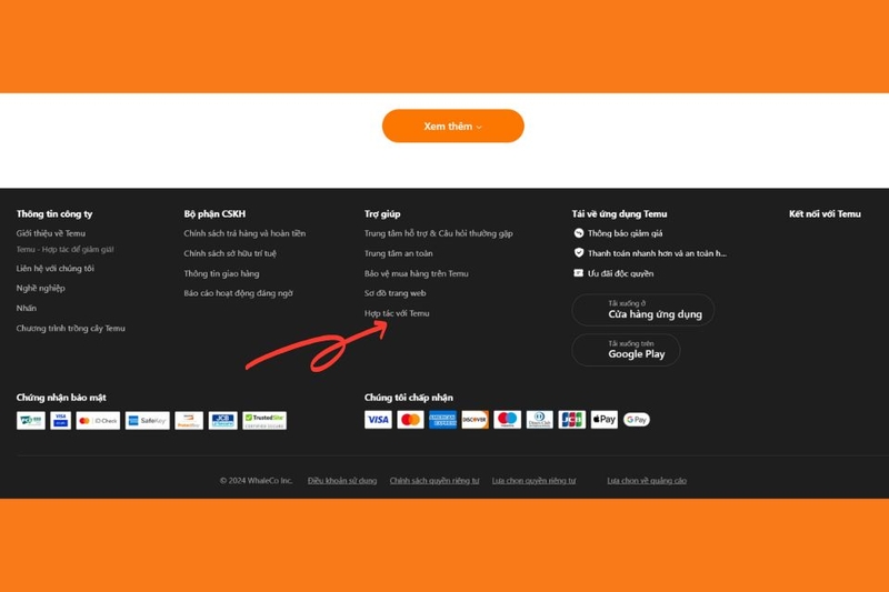 Kéo xuống cuối trang chủ và chọn mục Hợp tác với Temu