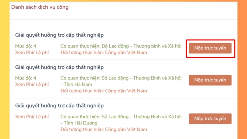 Chọn Danh sách dịch vụ công và nộp trực tuyến
