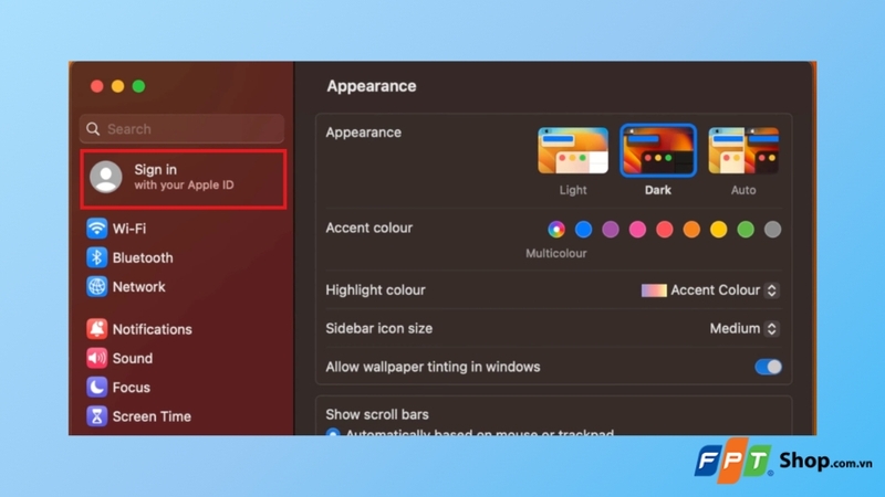 Chọn mục Apple ID hoặc Sign in