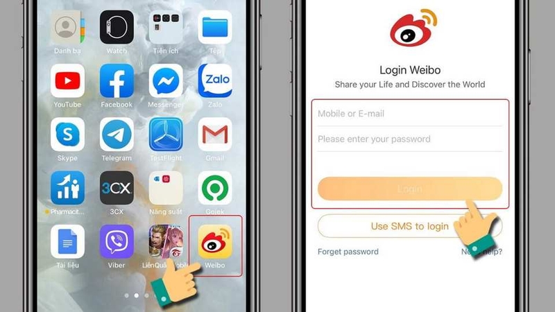 Cách vào Weibo bằng gmail hoặc số điện thoại
