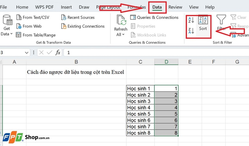 Truy cập công cụ sắp xếp (Sort)