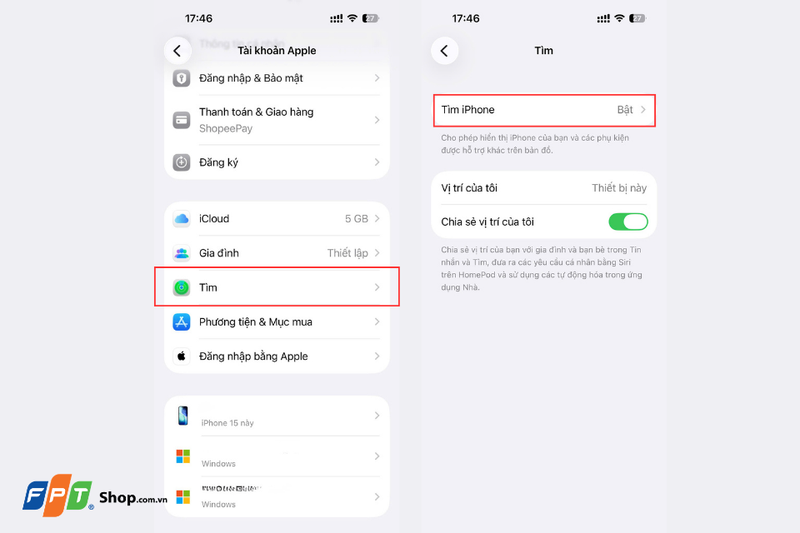 Bật tính năng Find My iPhone