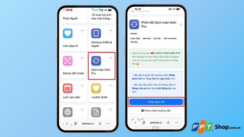 nhận phím tắt Dịch màn hình Pro