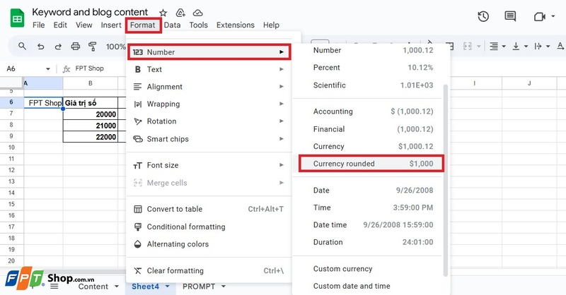 các định dạng số trong google sheets 1