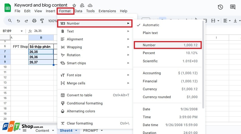 các định dạng số trong google sheets 2
