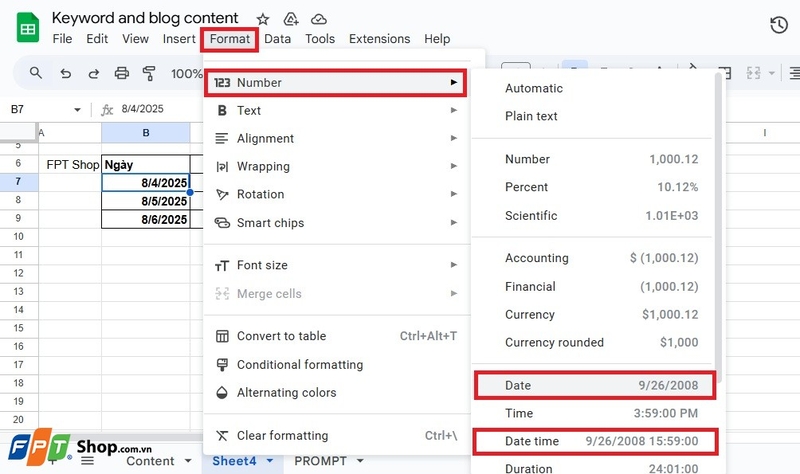các định dạng số trong google sheets 3