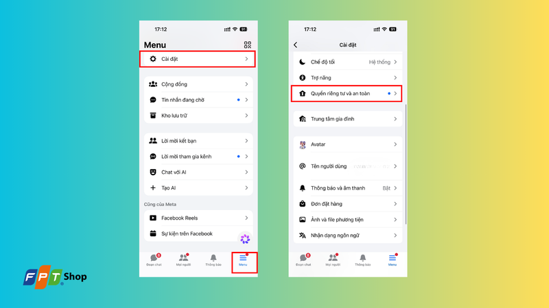 Chọn mục Quyền riêng tư và an toàn