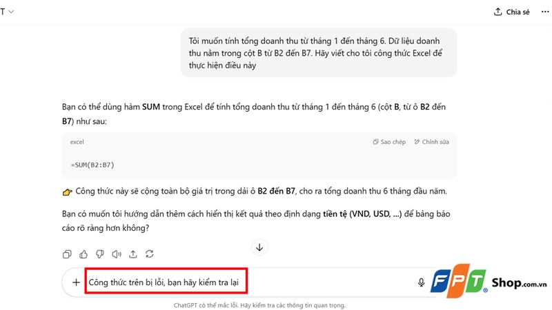 Yêu cầu ChatGPT sửa lại nếu nhập công thức không thành công