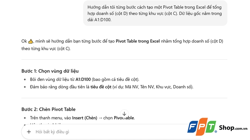 ChatGPT hướng dẫn tạo bảng Pivot Table