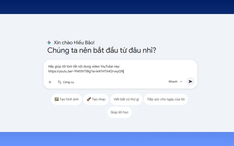 Nhập lệnh để yêu Gemini tóm tắt nội dung video YouTube