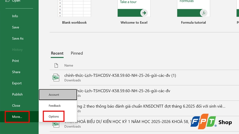 Chọn Options